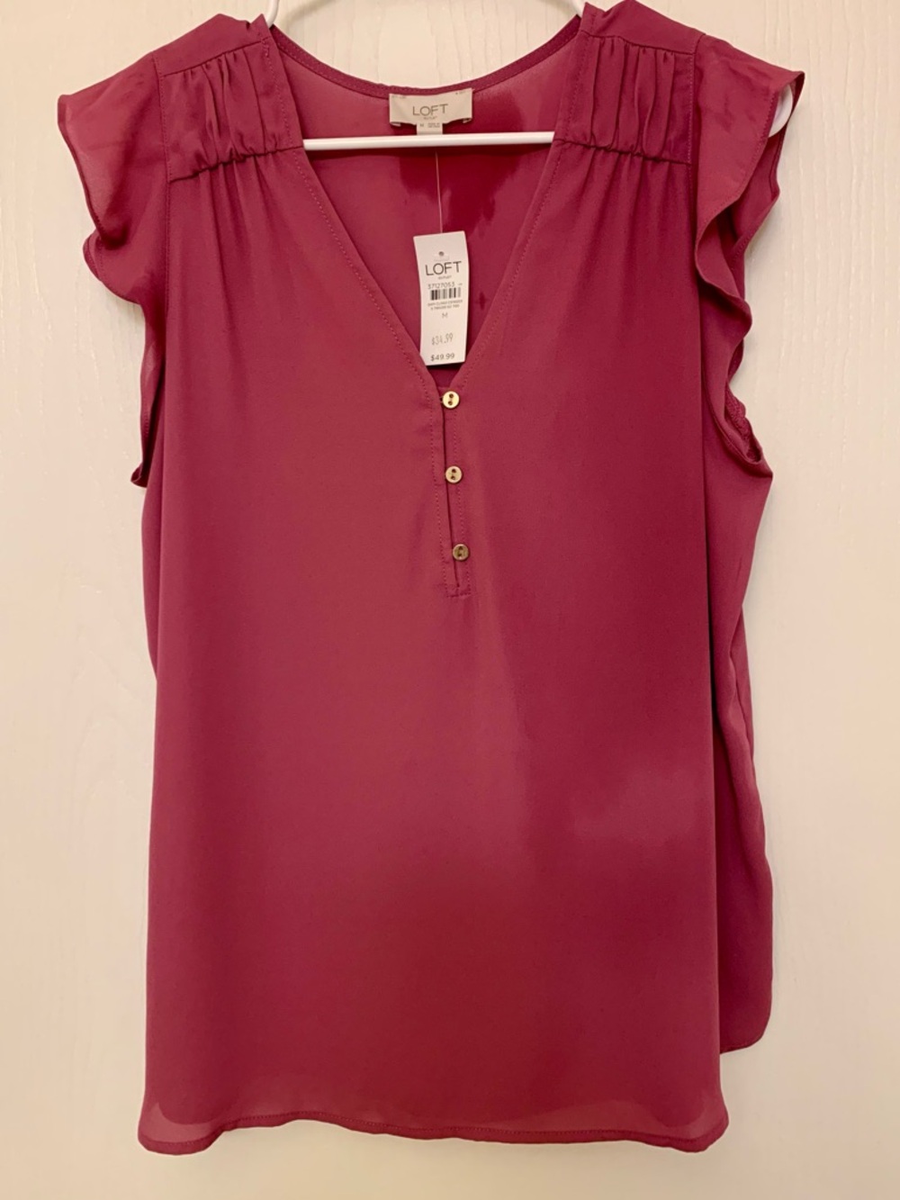 LOFT Magenta Cap-Sleeve V-Neck Blouse with Ruffle Shoulders
